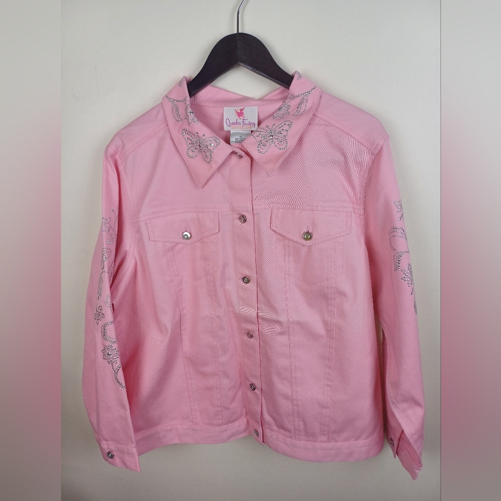 NWT Quacker Factory Stretch Denim Stud Stones Jean Jacket Jeanne Pink  1X A6345